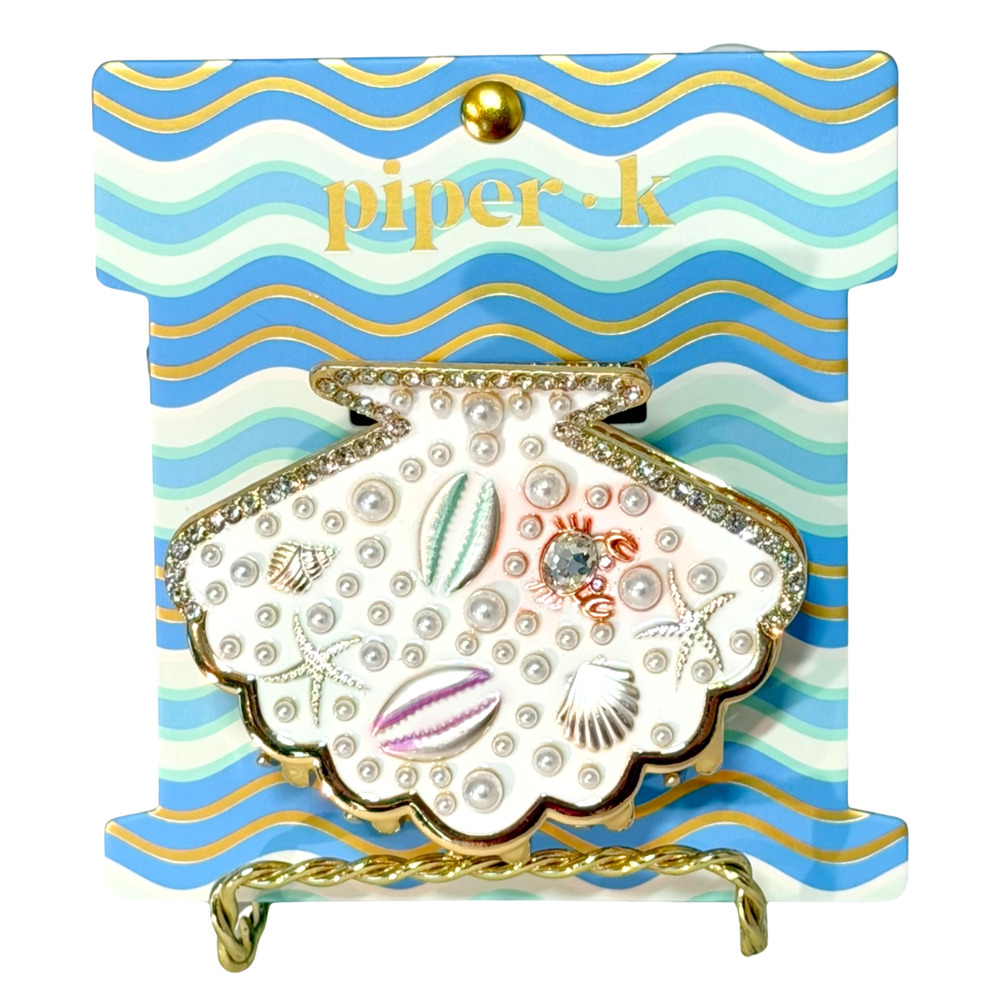 Piper K Clam Shell Hair Claw Clip 3" Gold Tone Metal Pearl Embellished Beachy